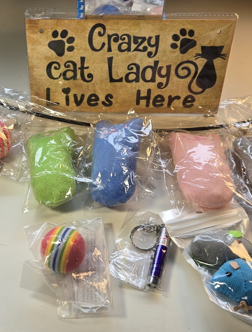 'Crazy Cat Lady Lives Here' Plaque and Assorted Cat Toys Bundle